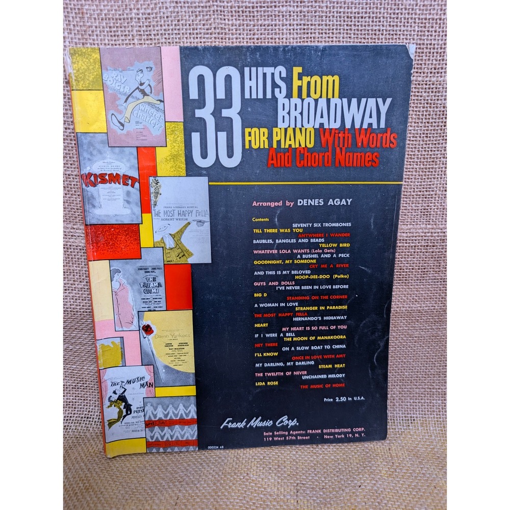 Vtg 33 Hits From Broadway For Piano Sheet Music Book Denes Agay Frank Music Corp